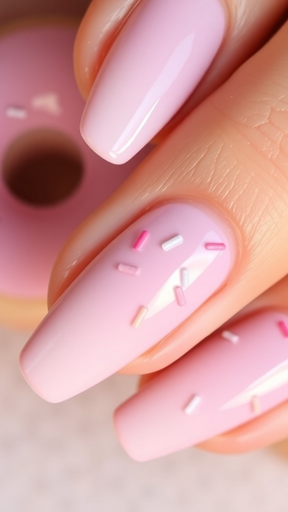 Hailey Bieber Close-up of pastel donut nails with a glossy finish and colorful sprinkles.